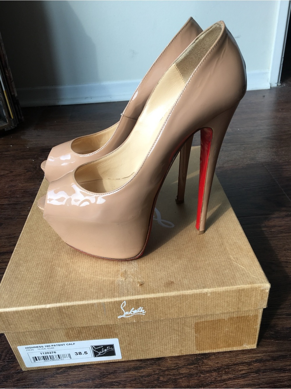 Christian Louboutin Highness 160 Nude Patent Peep-Toe Pumps — Size 38.5